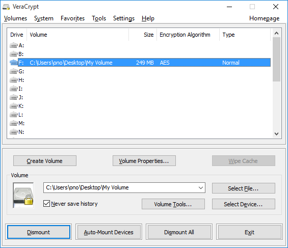 screenshot of VeraCrypt's main window displaying a mounted volume
